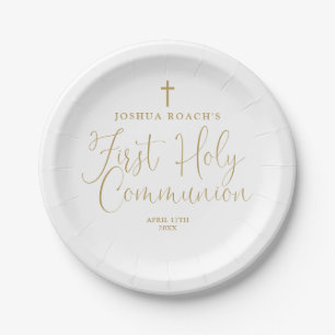 Elegant Gold Script First Holy Communion Paper Plate