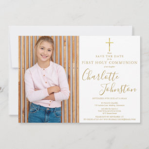 Elegant Gold Script First Holy Communion Photo Save The Date