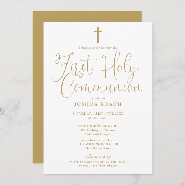 Elegant Gold Script First Holy Communion Save The Date (Front/Back)