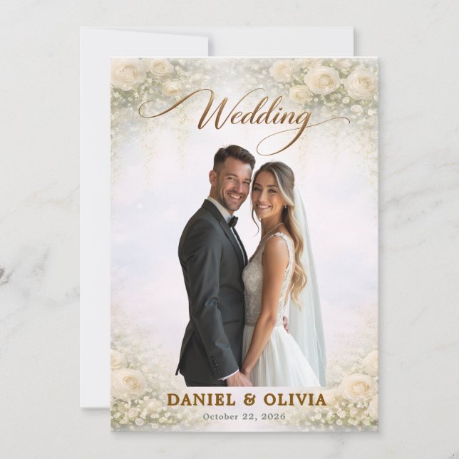 Elegant Gold Script Floral Photo Overlay Design Invitation (Front)