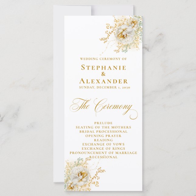 Elegant Gold Script Floral Wedding Program  (Front)