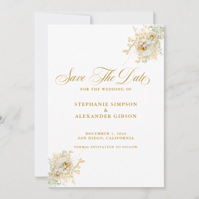 Elegant Gold Script Floral Wedding  Save The Date (Front)