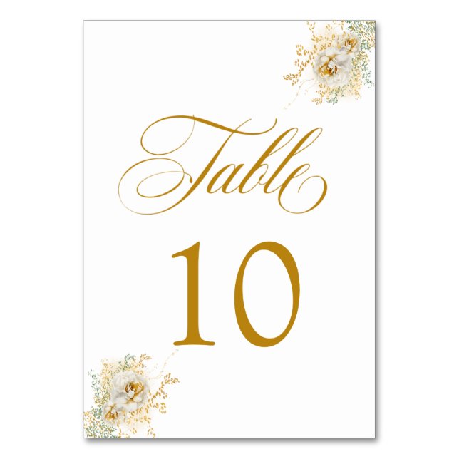 Elegant Gold Script Floral Wedding Table Number 10 (Front)