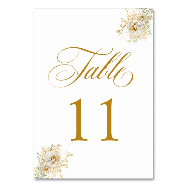 Elegant Gold Script Floral Wedding Table Number 11 (Front)