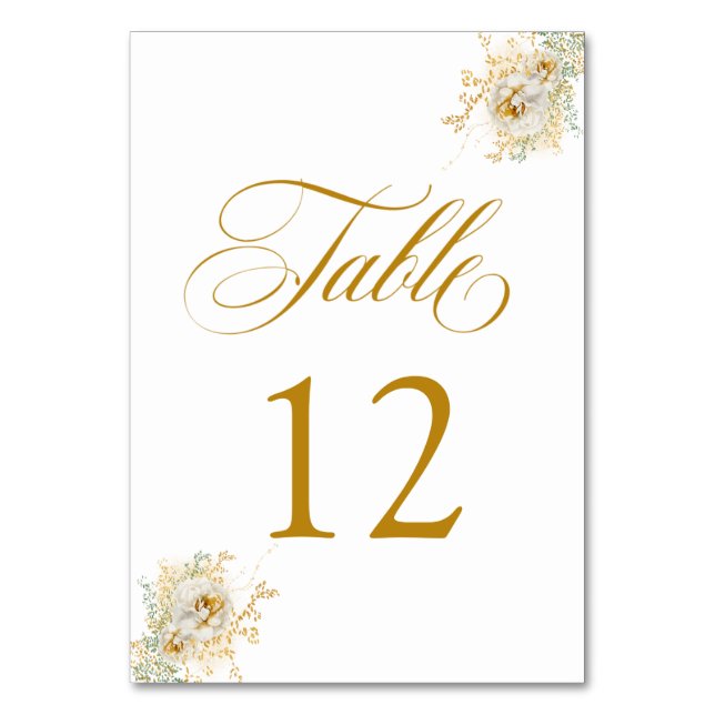 Elegant Gold Script Floral Wedding Table Number 12 (Front)
