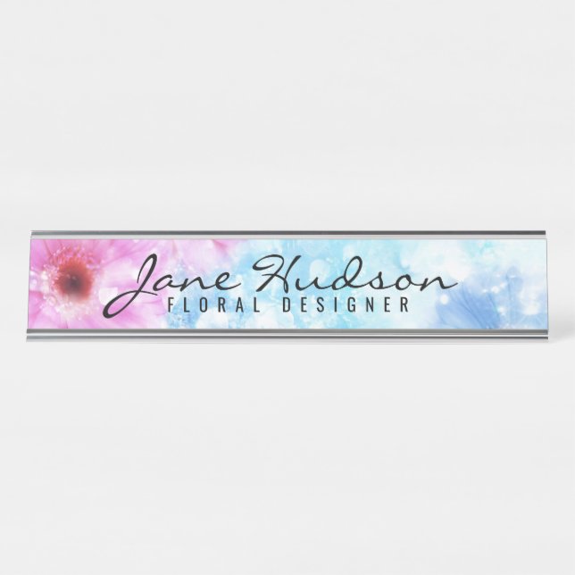 Elegant Gold Script Flower Modern Desk Name Plate (Front)