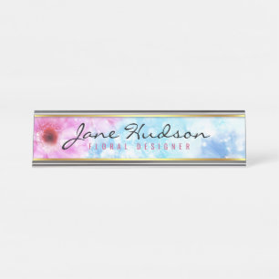 Elegant Gold Script Flower Modern Desk Name Plate