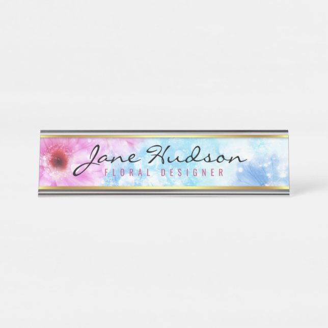 Elegant Gold Script Flower Modern Desk Name Plate (Front)