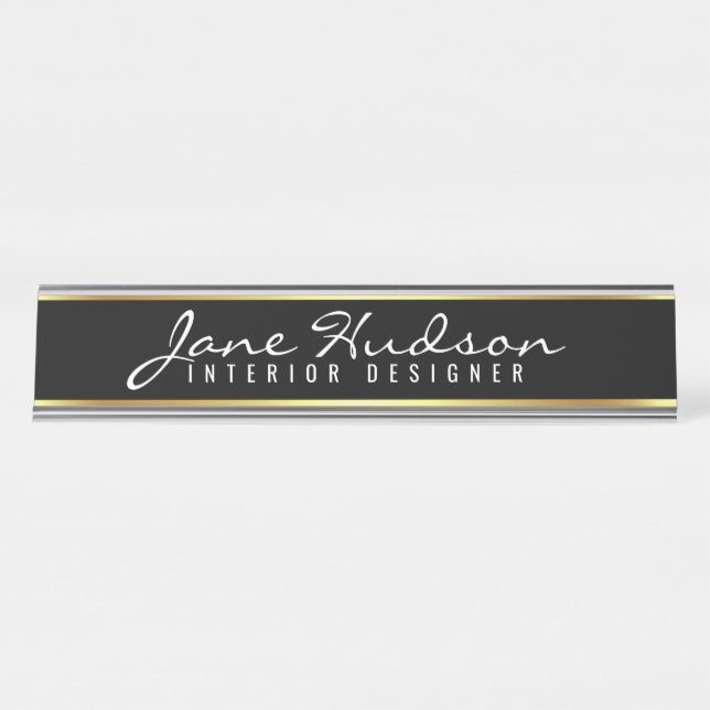 Elegant Gold Script Flower Modern Desk Name Plate (Front)