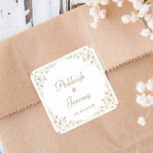 Elegant Gold Script Foliage Wedding Square Sticker