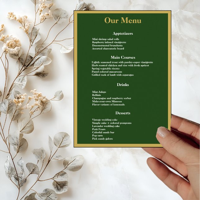 Elegant Gold Script Frame on Green Wedding Dinner Menu (Creator Uploaded)