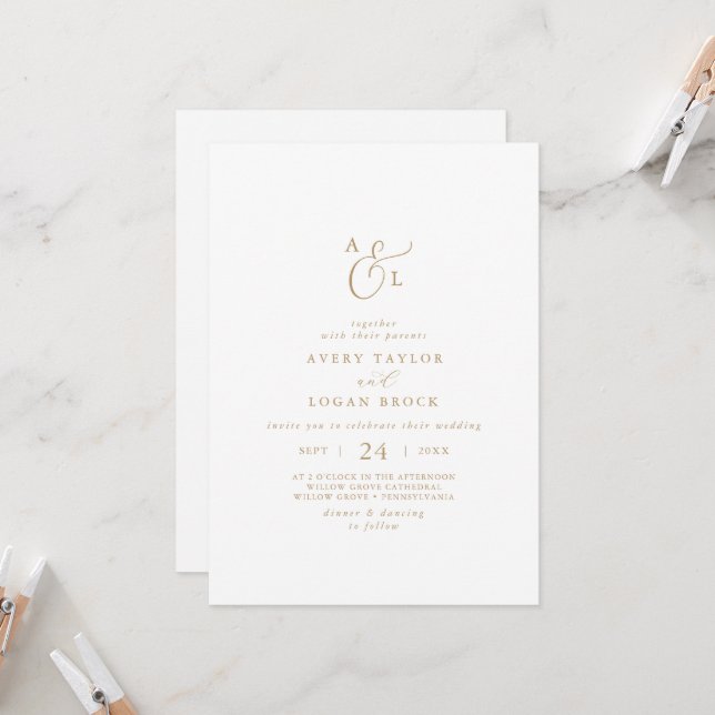 Elegant Gold Script Front & Back Monogram Wedding Invitation (Front/Back In Situ)