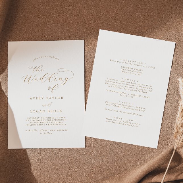 Elegant Gold Script Front Back Wedding Invitation (Creator Uploaded)
