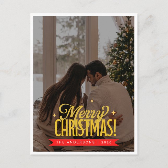 Elegant Gold Script Full Photo Merry Christmas Holiday Postcard (Front)