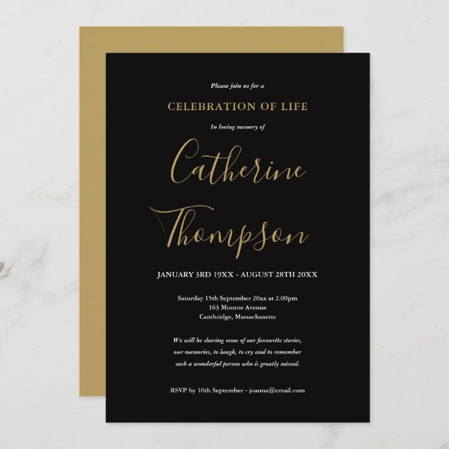 Elegant Gold Script Funeral Celebration of Life Invitation (Front/Back)