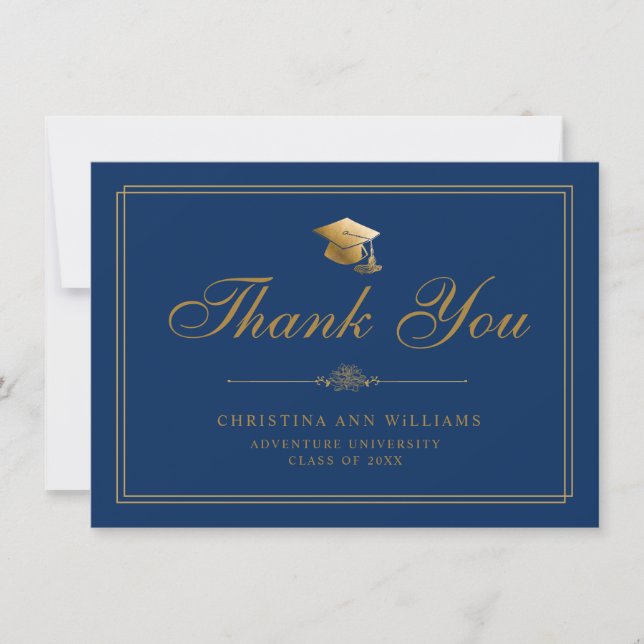Elegant Gold Script Grad Cap Royal Blue Graduation Thank You Card (Front)