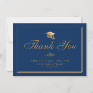 Elegant Gold Script Grad Cap Royal Blue Graduation Thank You Card