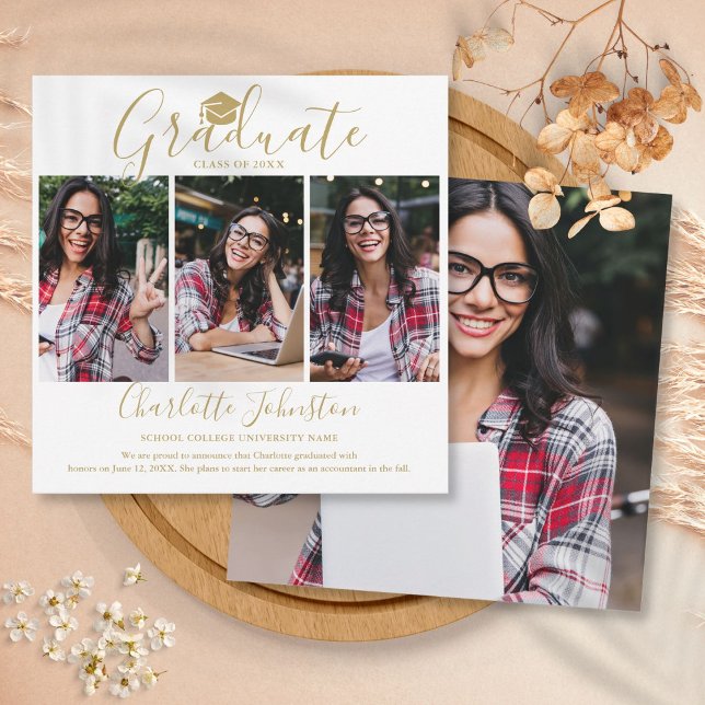 Elegant Gold Script Graduate 4 Photo Graduation Announcement (Elegant Gold Script Graduate 4 Photo Graduation Announcement)