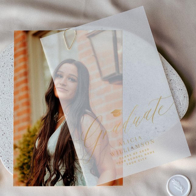 Elegant gold script graduate cap graduation vellum invitations (Creator Uploaded)