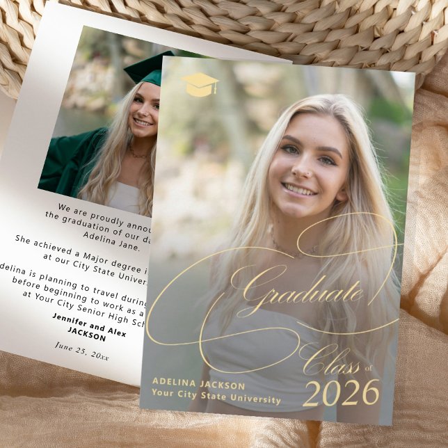 Elegant gold script graduate photo graduation announcement (Creator Uploaded)
