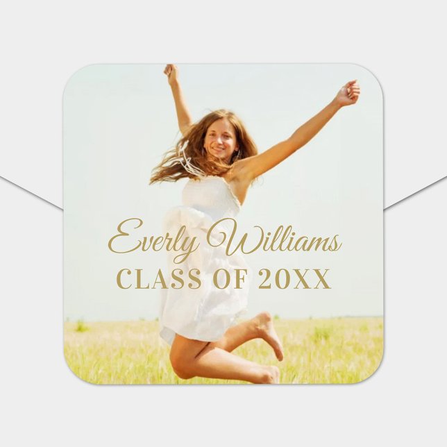 Elegant Gold Script Graduate Photo Square Sticker (Creator Uploaded)