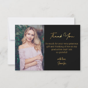 elegant gold script graduation photo black thank you card
