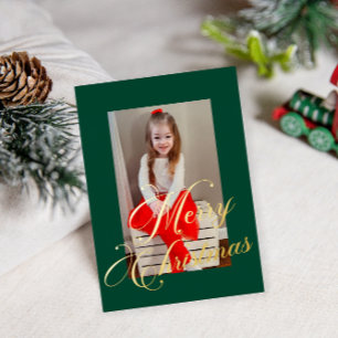 Elegant Gold Script Green Frame Photo Foil Holiday Card