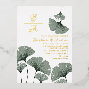 Elegant Gold Script Green Leaf Wedding Invitation