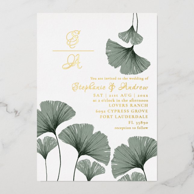 Elegant Gold Script Green Leaf Wedding Invitation (Front)