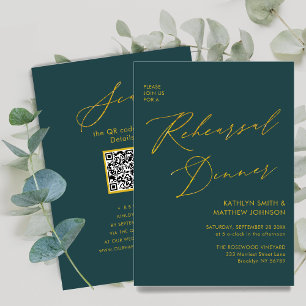Elegant Gold Script Green Rehearsal Dinner QR code Invitation