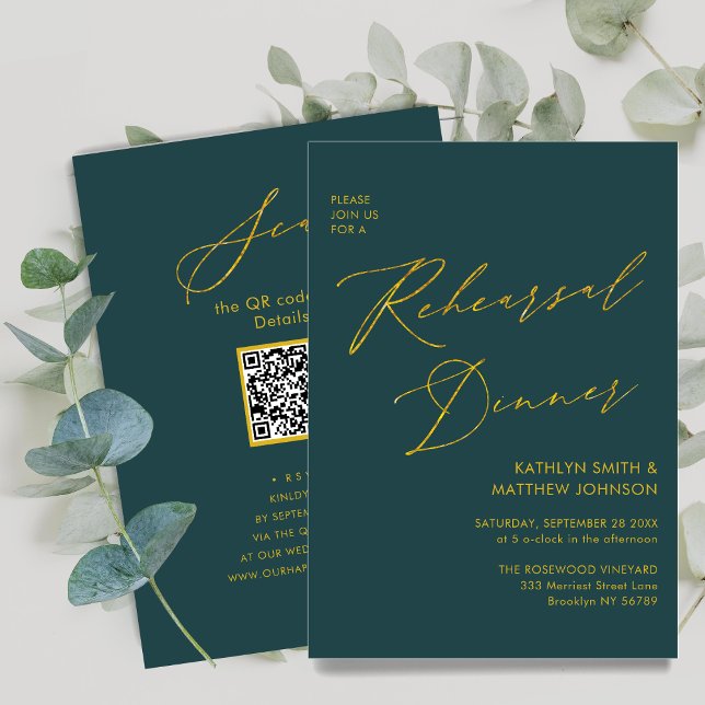 Elegant Gold Script Green Rehearsal Dinner QR code Invitation (Creator Uploaded)