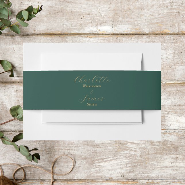 Elegant Gold Script Green Wedding Invitation Belly Band (Creator Uploaded)