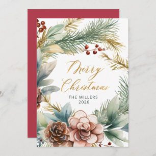 Elegant Gold Script Greenery Wreath Christmas  Holiday Card