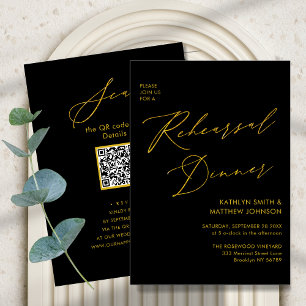 Elegant Gold Script Grey Rehearsal Dinner QR code Invitation