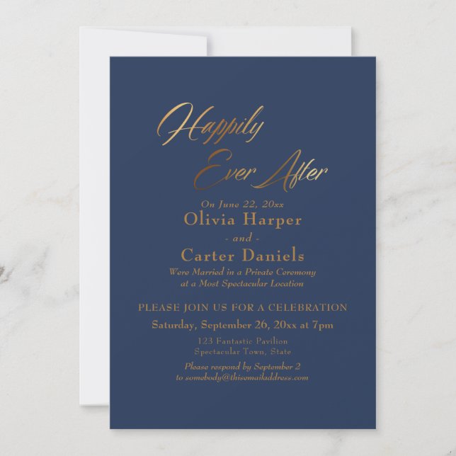 Elegant Gold Script Happily Ever After on Navy Invitation (Front)