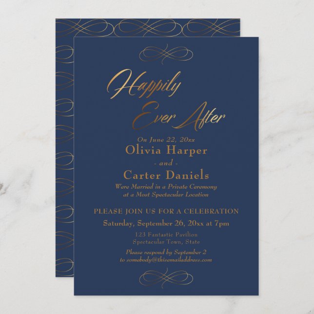 Elegant Gold Script Happily Ever After on Navy Invitation (Front/Back)