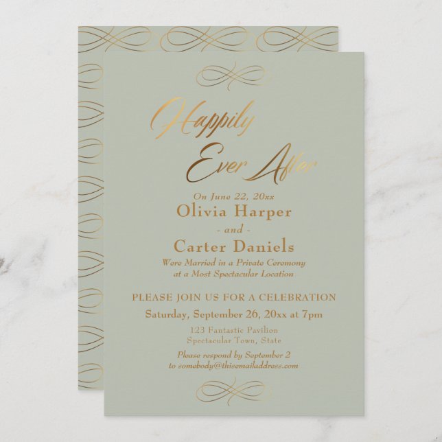 Elegant Gold Script Happily Ever After, Sage Green Invitation (Front/Back)