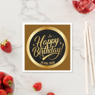 Elegant Gold Script Happy Birthday Black Napkin