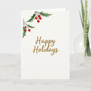 Elegant Gold Script Happy Holidays Holly Card