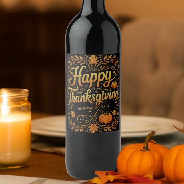 Elegant Gold Script Happy Thanksgiving Autumn Wine Label (Creator Uploaded)