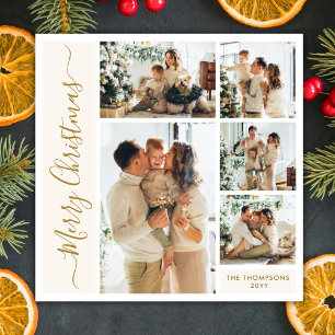 Elegant Gold Script Ivory 5 Photo Family Christmas Holiday Card