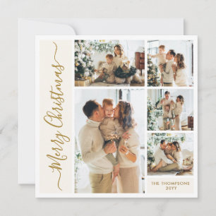Elegant Gold Script Ivory 5 Photo Family Christmas Holiday Card