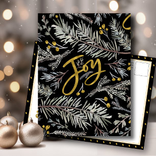 Elegant Gold Script JOY Pine Bough Berry Christmas Holiday Postcard