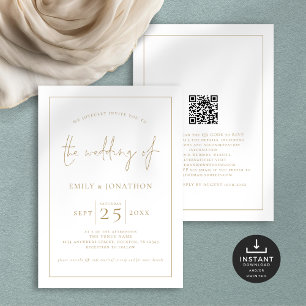 Elegant Gold Script Line Border QR Code Wedding Invitation