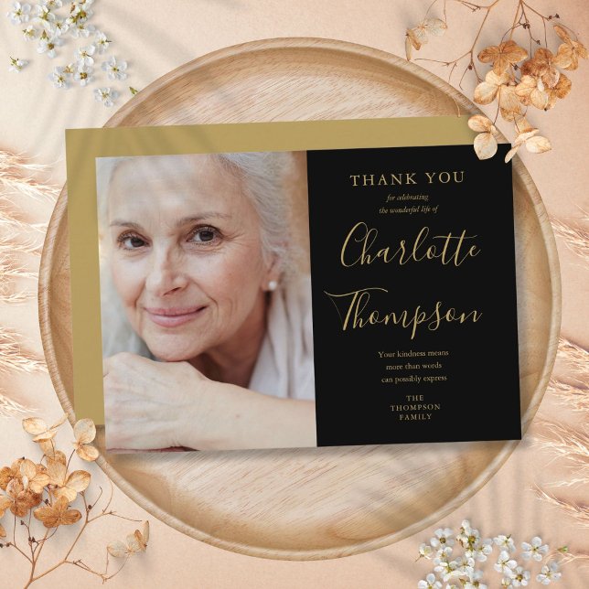 Elegant Gold Script Memorial Funeral Photo Thank You Card (Elegant Gold Script Memorial Funeral Photo Thank You Card)