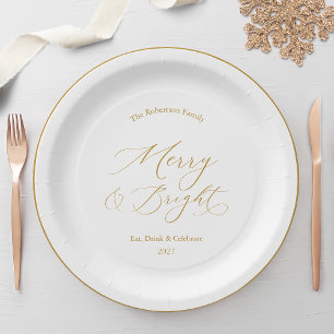 Elegant Gold Script “Merry & Bright” Christmas Paper Plate