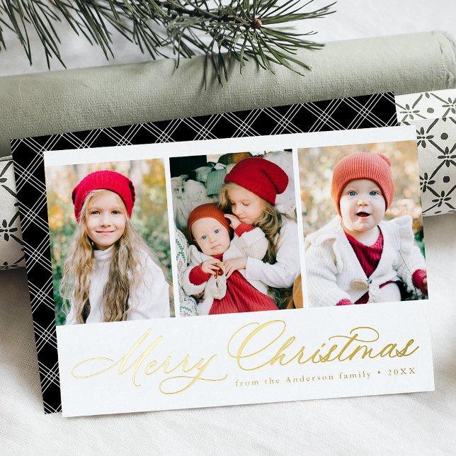 Elegant Gold Script Merry Christmas 3 Photo Foil Holiday Card (Creator Uploaded)