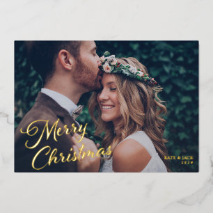 Elegant Gold Script Merry Christmas Couples Photo Foil Holiday Card