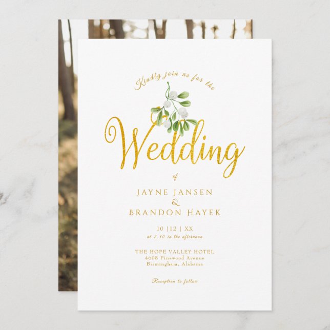 Elegant Gold Script Mistletoe Photo Winter Wedding Invitation (Front/Back)