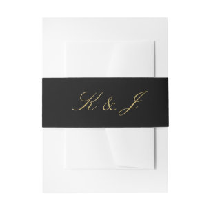 Elegant Gold Script Monogram Black Wedding Invitation Belly Band